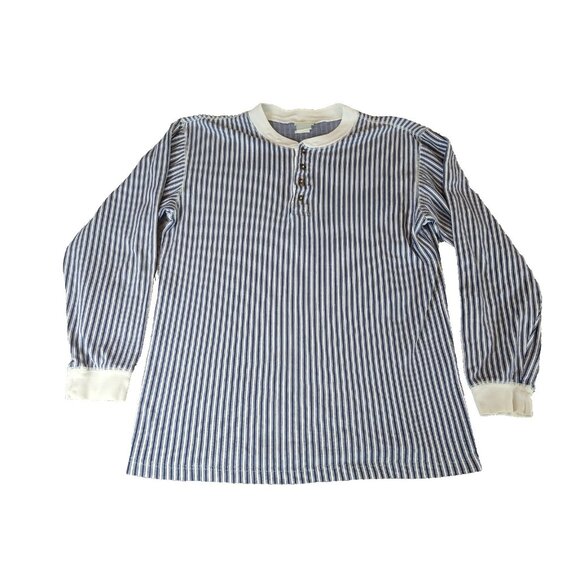 Vintage L.L.Bean Blue & White Pinstripe Long Sleeve T-Shirt Pullover Henley USA - Picture 1 of 5